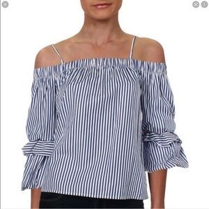BCX Blue & White Striped Off Shoulder Ruffle Sleeve Peasant Summer Top XXS